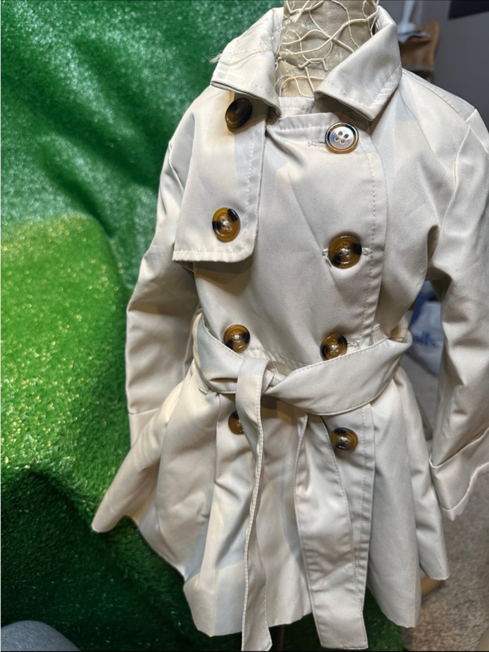 Tahari Cream Double-Breasted Trench Coat with Belt